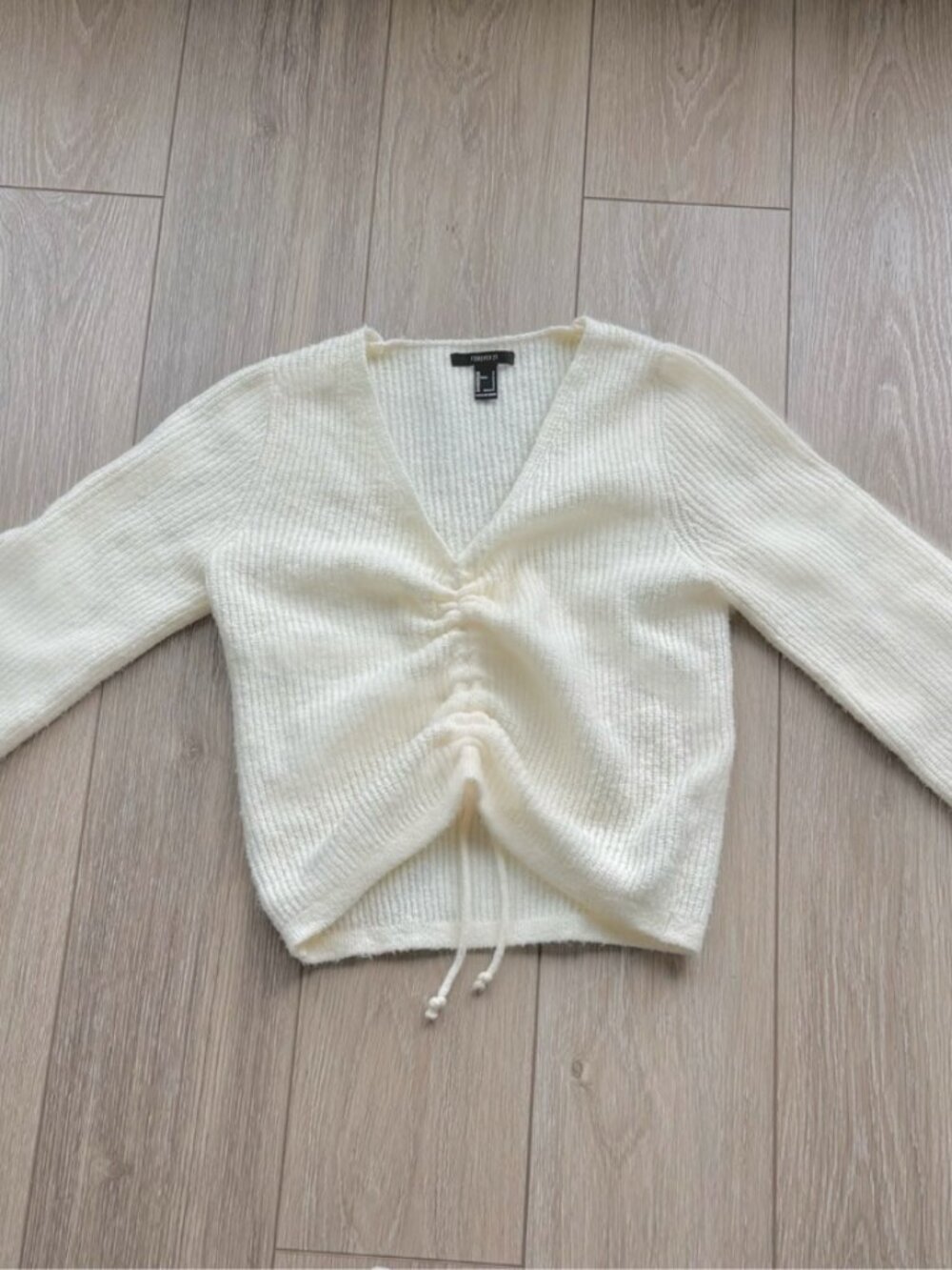 Forever 21 White Ruched Drawstring V-Neck Knit Sweater US 4